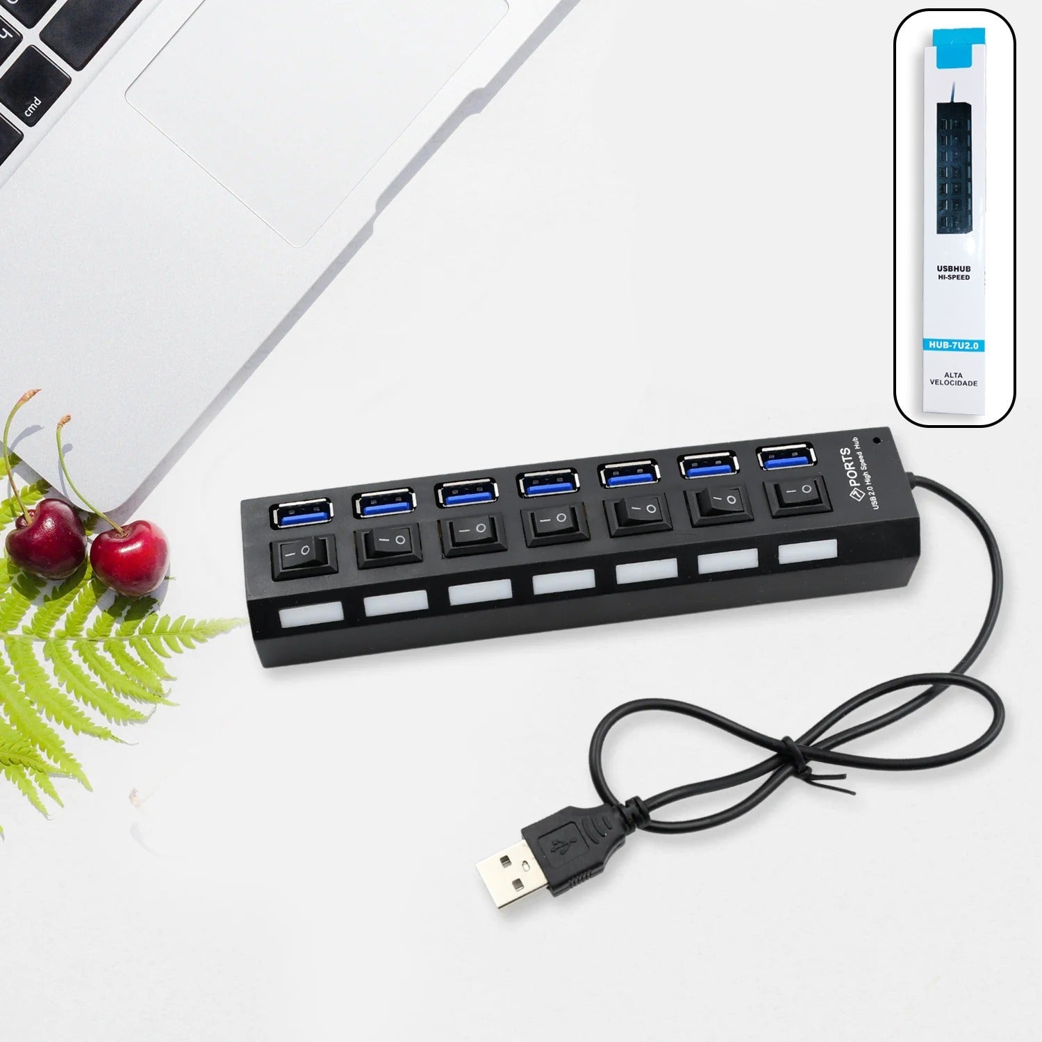 7 port USB hub with on/off switches and LED indicators 7 port USB hub with on/off switches and LED indicators